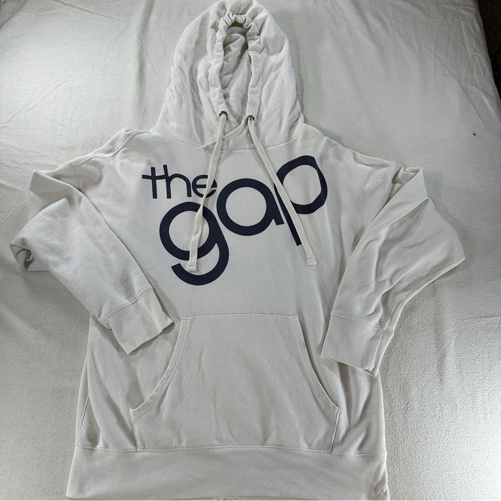 GAP Off-White with Navy Logo Graphic Pullover Hoodie Sz M